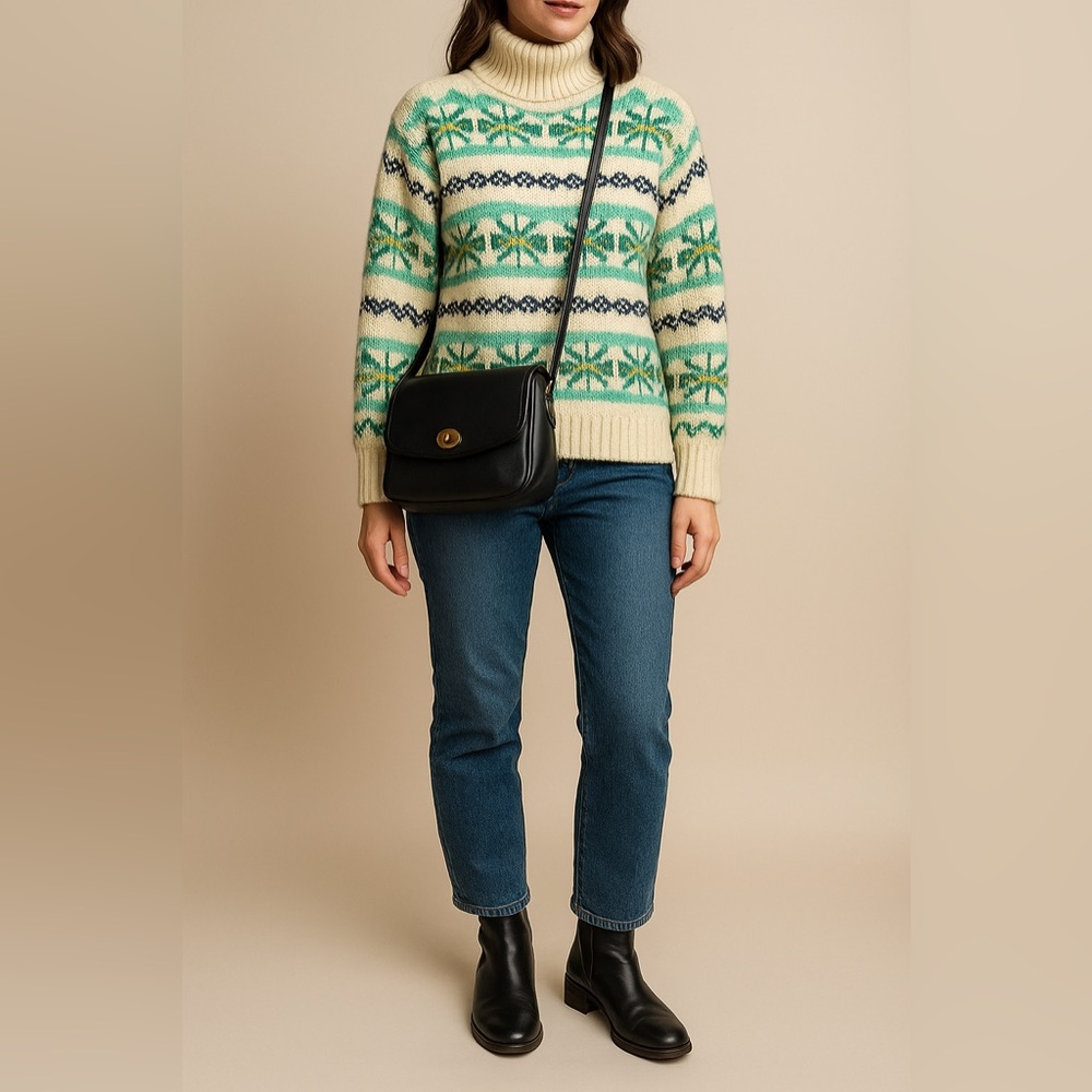 American Eagle Fair Isle Turtleneck Sweater XS Cream Green Pattern